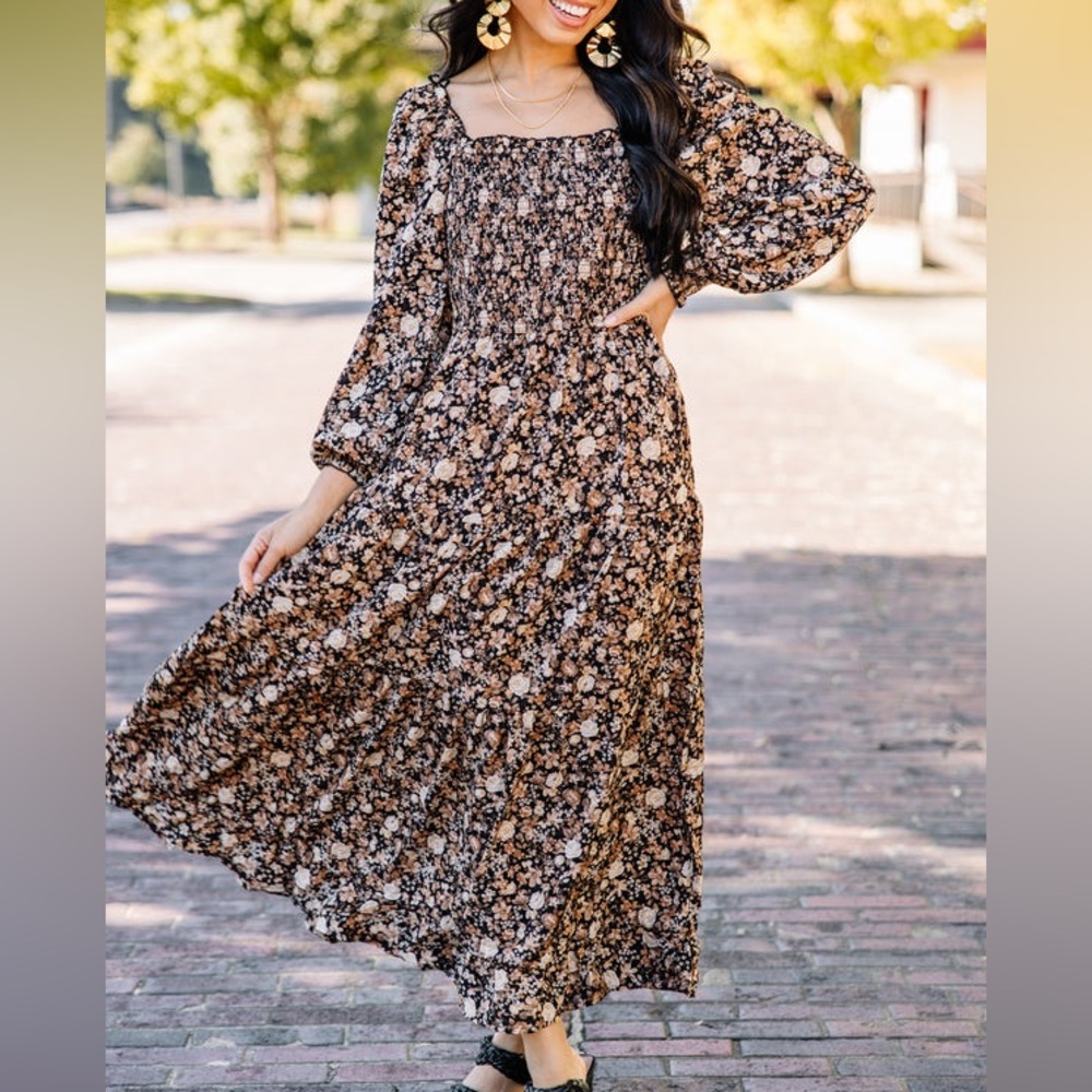 Blu Pepper Floral Long Sleeve Dress - Black and Brown
